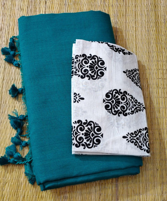 SMRITI BOUTIQUE Solid/Plain Bollywood Handloom Pure Cotton Saree(Light Blue, White)