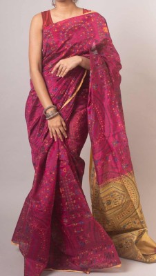 The huts weaver Blocked Printed Madhubani Cotton Silk Saree(Pink)