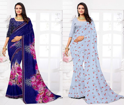 Panchvati NX Printed Daily Wear Georgette Saree(Pack of 2, Grey, Dark Blue)
