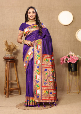 all about you Woven Paithani Silk Blend Saree(Dark Blue)