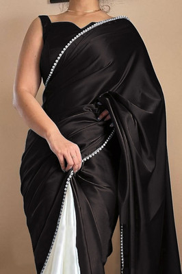 PD CLOTH VILLA Embellished, Solid/Plain Bollywood Satin Saree(Black)
