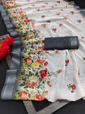 KHANUDI Digital Print Kanjivaram Cotton Linen Saree(Multicolor)