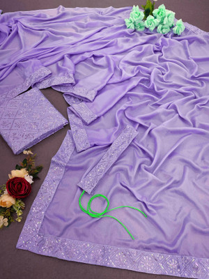 Pionex Solid/Plain, Embroidered Bollywood Chiffon, Silk Blend Saree(Purple)