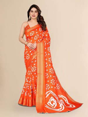 Moda Rapido Printed Bandhani Cotton Blend Saree(Orange)