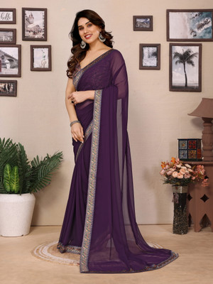 supremesarees Solid/Plain Saree with Attached Blouse Georgette Saree(Purple)