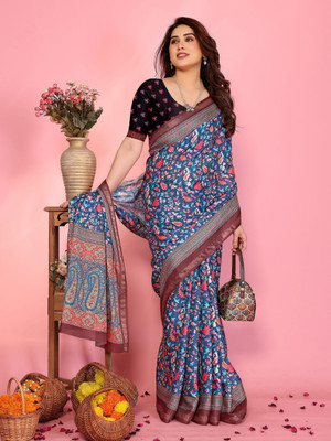 Soor Panchi Printed Bollywood Cotton Silk Saree(Blue)