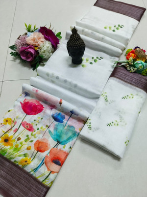 HouseOfCommon Printed Kanjivaram Pure Cotton, Cotton Linen Saree(White)