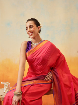 SILK ZONE Solid/Plain Arani Pattu Art Silk Saree(Red)
