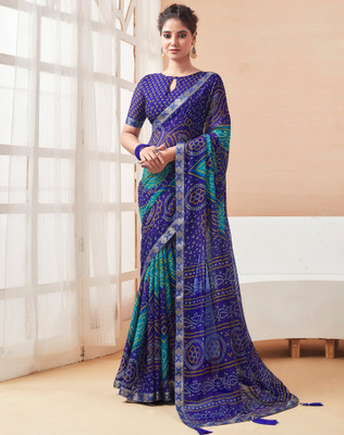 SIRIL Printed, Embellished Bandhani Chiffon Saree(Dark Blue, Multicolor)
