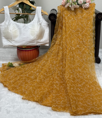SROLY Embellished Bollywood Net Saree(Yellow)