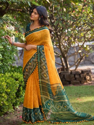 ANOUK Printed Hand Batik Cotton Blend Saree(Yellow)