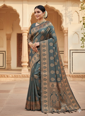 DUDHANE TRADING CORPORATION Woven, Self Design Banarasi Silk Blend Saree(Light Blue)