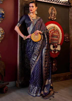 Vichitra Woven, Self Design Banarasi Silk Blend, Jacquard Saree(Dark Blue)