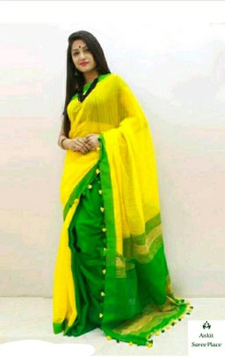 GOLU Solid/Plain Handloom Cotton Silk Saree(Green, Yellow)