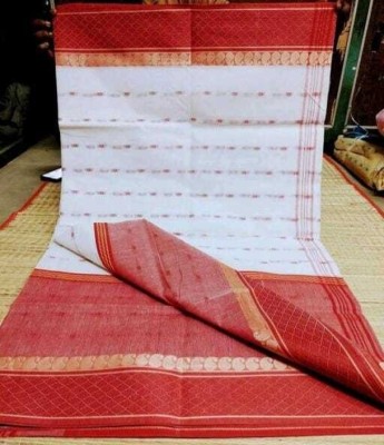 p fashion Self Design Tant Pure Cotton Saree(White, Red)