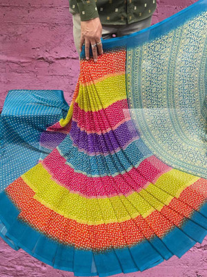 THEOMDESIGNER Printed Bollywood Georgette Saree(Light Blue)
