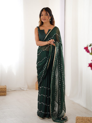 Dwiza Enterprise Embroidered Bollywood Cotton Blend Saree(Dark Green)