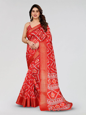 Moda Rapido Printed Bandhani Cotton Blend Saree(Red)