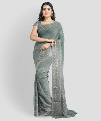 THE VARYA FASHION Printed Banarasi Silk Blend Saree(Grey)