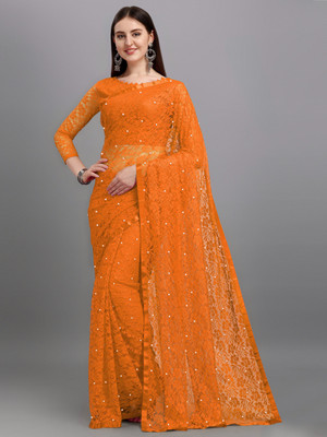 LOROFY Self Design Bollywood Net Saree(Orange)
