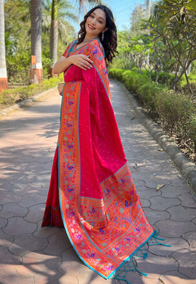 all about you Woven Paithani Silk Blend Saree(Pink)
