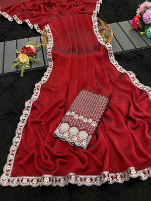 saanvi Self Design, Solid/Plain Bollywood Georgette Saree(Maroon)