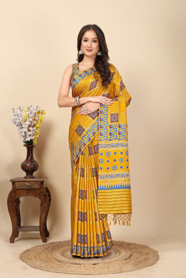 J6 Designers Printed Patola Cotton Silk Saree(Yellow)