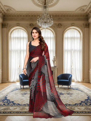 SmittenSmit Printed Bollywood Georgette Saree(Black, Red)