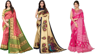 ANIRAV Woven Kanjivaram Art Silk Saree(Pack of 3, Pink, Gold)