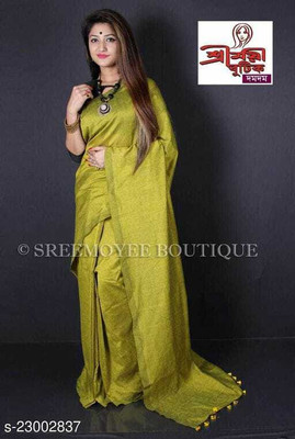 BRYNBRIT Solid/Plain Bollywood Cotton Blend Saree(Mustard)