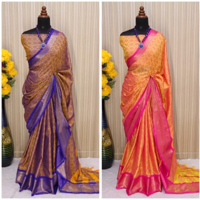 WINKLECART Woven Mysore Jacquard, Cotton Silk Saree(Pack of 2, Gold, Yellow)
