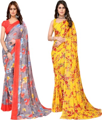 ANIRAV Printed Daily Wear Georgette Saree(Pack of 2, Red, Yellow)