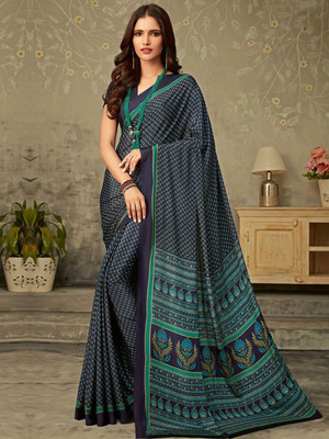 Anouk Rustic Printed Daily Wear Crepe Saree(Dark Blue)