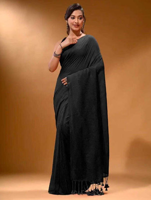 BRYNBRIT Solid/Plain Handloom Cotton Blend Saree(Black)