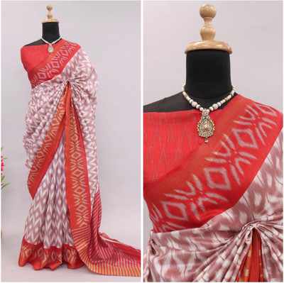 Kjs Geometric Print Ikkat Cotton Silk Saree(Multicolor)