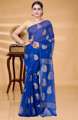 SRILOK Hand Painted Handloom Cotton Blend Saree(Blue)
