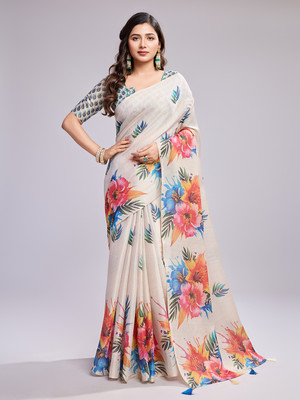 SHRIMAY Floral Print Bollywood Tussar Silk, Raw Silk Saree(Beige, Multicolor)
