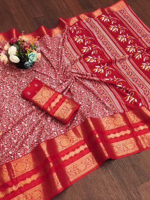 Sanjana Silks Embellished Bollywood Silk Blend Saree(Red)