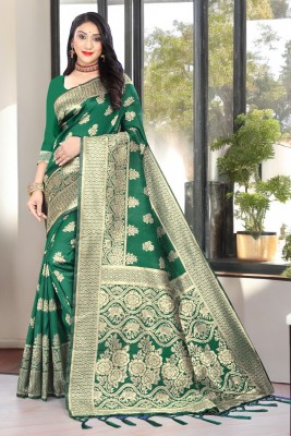 ALMEDA Woven Banarasi Jacquard Saree(Dark Green)