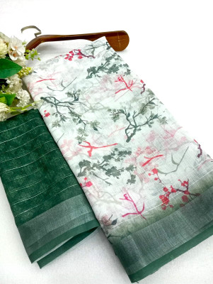 HouseOfCommon Printed Kanjivaram Linen, Cotton Linen Saree(Green, White)