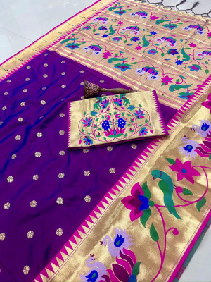 HouseOfCommon Woven Paithani Cotton Silk Saree(Purple)
