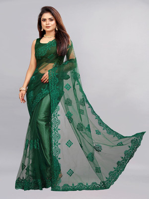 YARA CREATION Embroidered Bollywood Net Saree(Green)