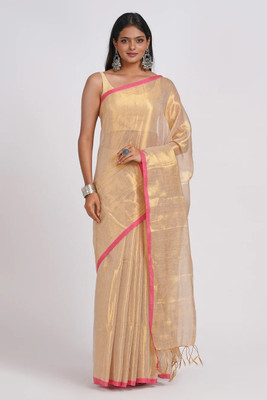 ma kali treaders Self Design, Woven Handloom Tissue Saree(Beige)