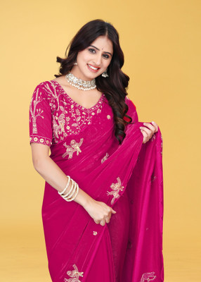 Mortile Designer Studio Embroidered Bollywood Georgette Saree(Pink)