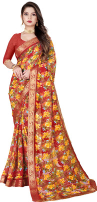 zarukho Floral Print Daily Wear Chiffon Saree(Red)