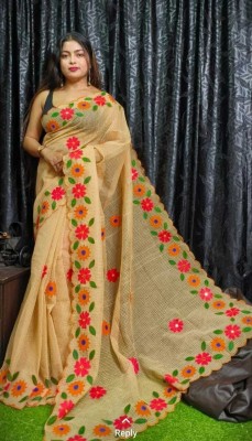 Woven fashion Embroidered Bollywood Cotton Blend Saree(Cream)