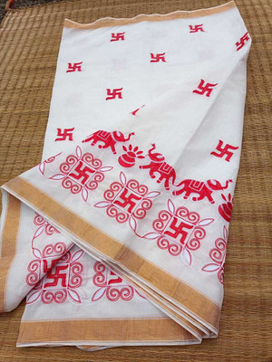 Happy Creation Printed Jamdani Handloom Cotton Blend Saree(White, Red)