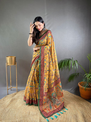 SGF11 Self Design Handloom Cotton Linen Saree(Yellow)