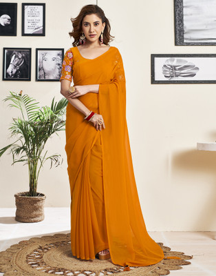 all about you Dyed, Solid/Plain Bollywood Georgette Saree(Mustard)
