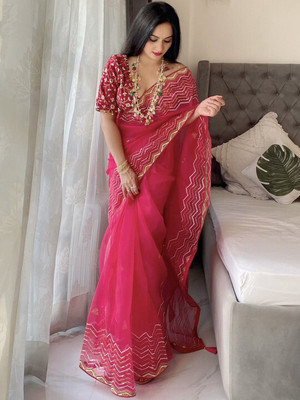 ANOUK Embroidered Saree with Attached Blouse Organza Saree(Pink)
